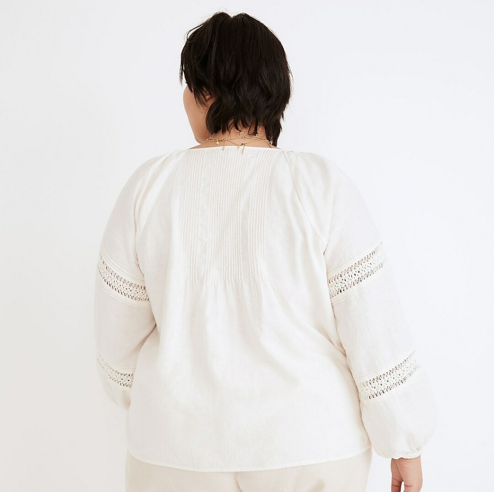 Madewell Plus Linen-Blend Pintuck Peasant Top NWT - Picture 2 of 5